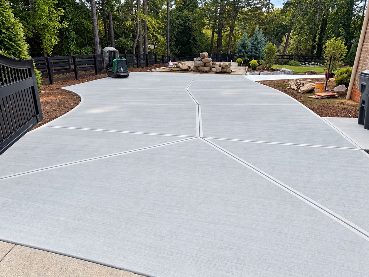 Wide finished driveway with tooled joints in a fan pattern between a black gate and a board fence, woods behind